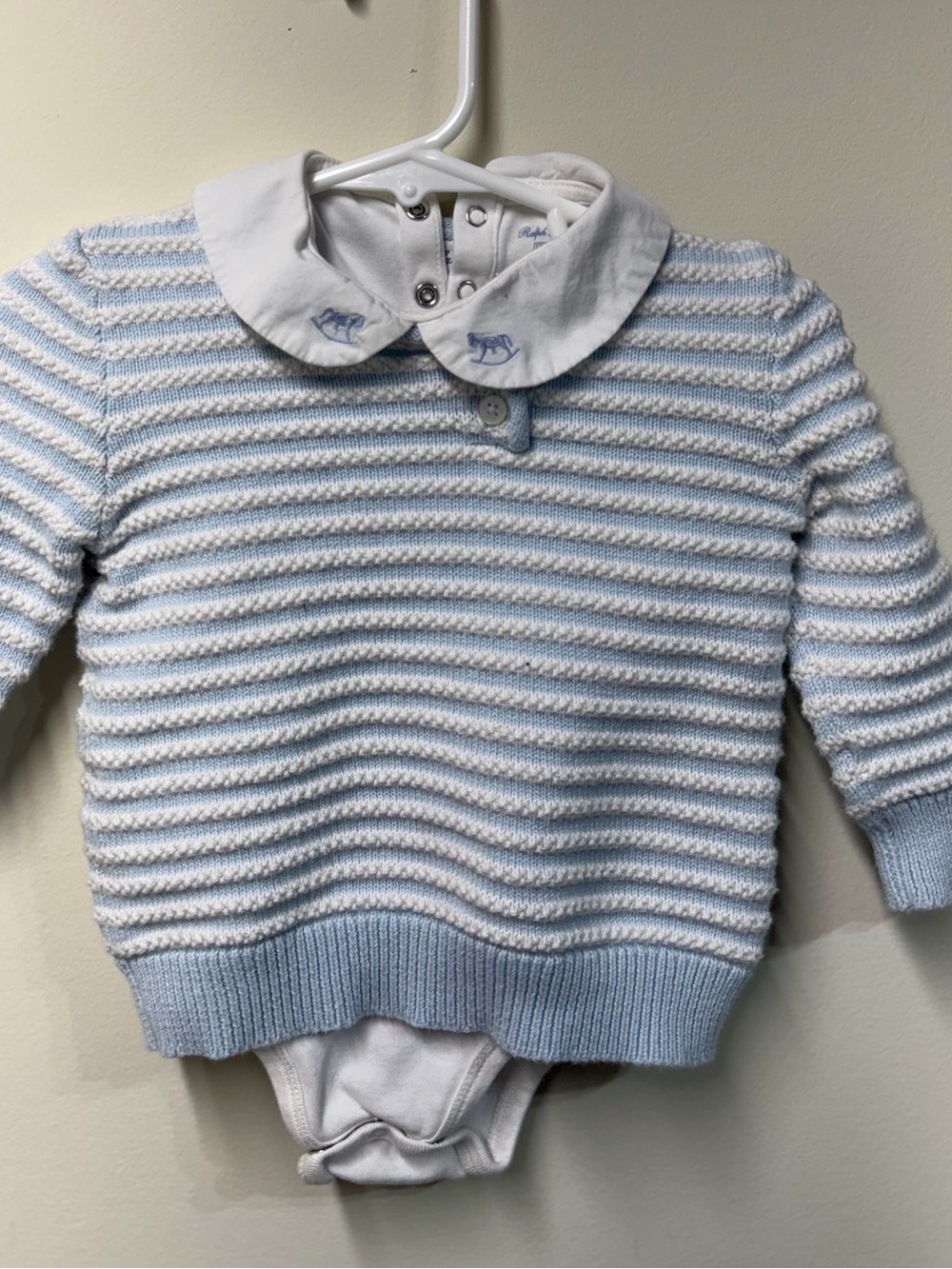 Ralph Lauren Blue & White Striped Knit Baby Top with Peter Pan Collar